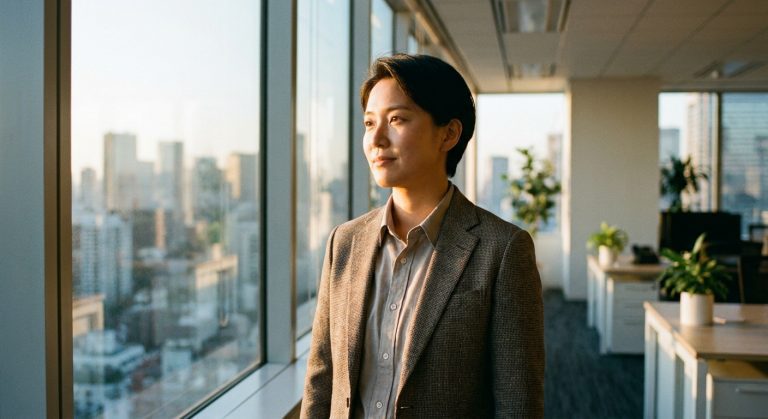 A person stands by a large window in a bright office, looking out with a calm and hopeful expression, representing the new opportunities and relief provided by the updated T visa program.