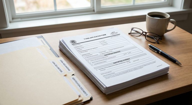 Una imagen fotorrealista de un paquete completo de solicitud de visa T, que incluye el Formulario I-914 y varios documentos legales de respaldo, listo para su presentación.
