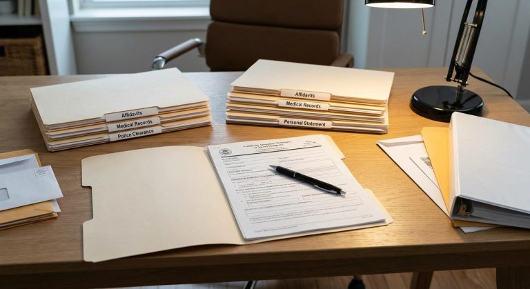 Una imagen fotorrealista de un escritorio organizado con una petición del Formulario I-360 completada y evidencia de respaldo para un caso VAWA para hombres.