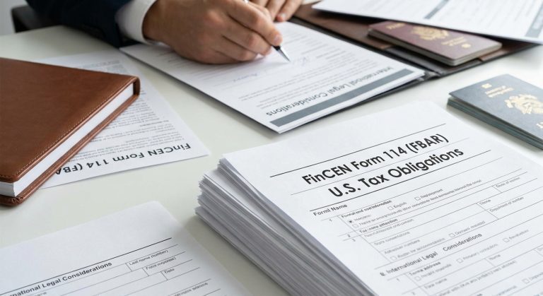 Una imagen fotorrealista de varios documentos oficiales, incluidos formularios FBAR y resúmenes de tratados fiscales internacionales, que describen las responsabilidades de la doble ciudadanía estadounidense.