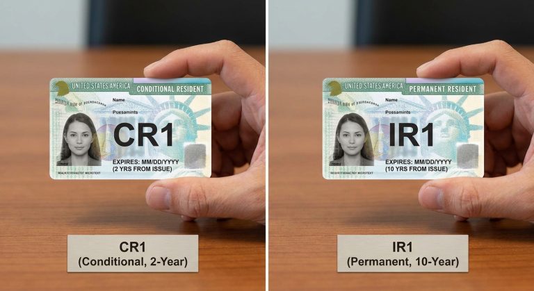 Una imagen fotorrealista que muestra las diferencias clave entre las rutas de la visa CR1 y la visa IR1, con una tarjeta de residencia condicional de 2 años y una tarjeta de residencia permanente de 10 años.