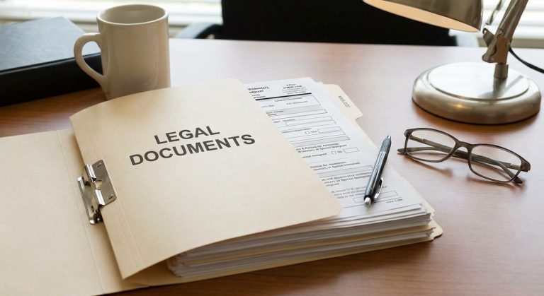 Una carpeta organizada que contiene una solicitud VAWA y documentos legales de respaldo.