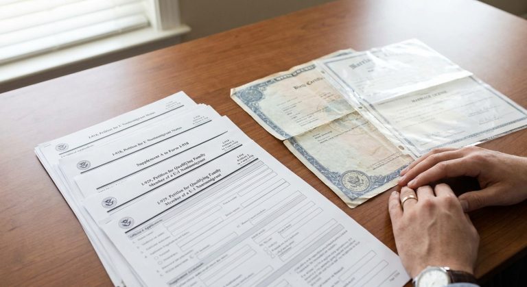 Diversa documentación oficial y formularios USCIS I-918, Suplemento A e I-929, que representan el proceso de solicitud derivada de la visa U para familiares.