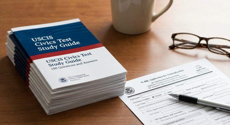 Documentos oficiales de USCIS y guías de estudio para el próximo examen de naturalización y ciudadanía.