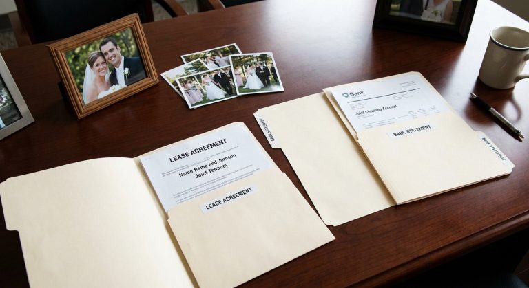 Evidencia de la entrevista para la tarjeta verde matrimonial organizada en un escritorio