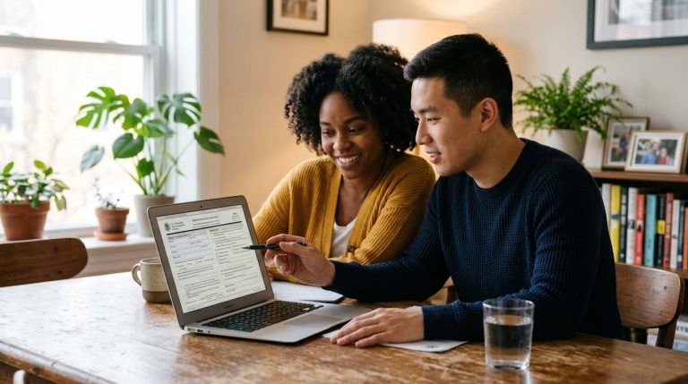 Una pareja diversa se sienta en una mesa de comedor, mirando un formulario de inmigración en la pantalla de una computadora portátil con una expresión esperanzada.