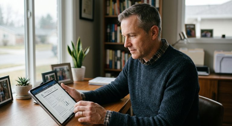 A man in his 40s sits at a clean desk, looking focused while reviewing digital documents on a tablet in a sunlit room.
