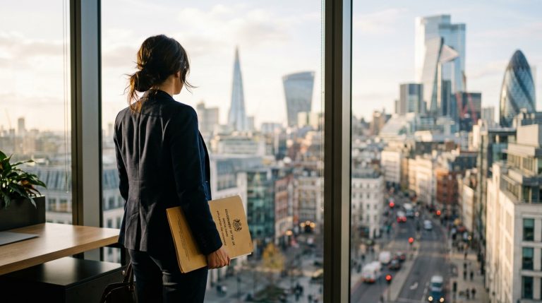 A person viewed from behind looking out a bright window while holding immigration documents, representing hope and the U visa process.