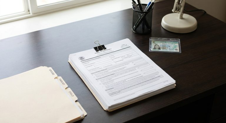 Una imagen fotorrealista de un escritorio que muestra el formulario de petición I-130 para parientes extranjeros, junto con etiquetas de categorías de preferencia familiar y una tarjeta verde.