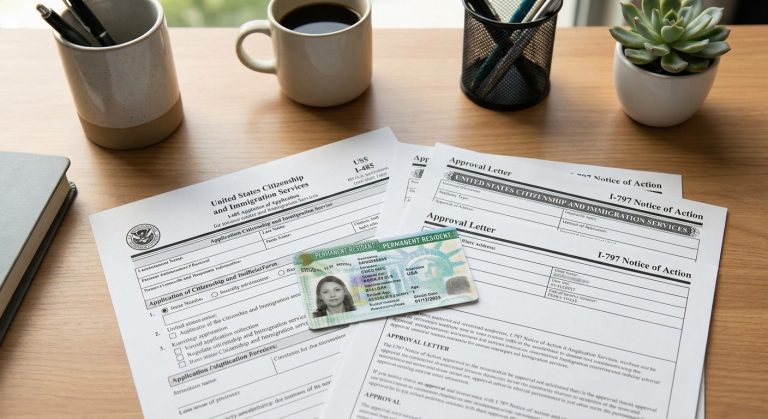 Una imagen fotorrealista de un escritorio cuidadosamente organizado que presenta el crucial formulario i 485 para ajustar el estatus, junto con una tarjeta verde y un aviso de aprobación I-797.