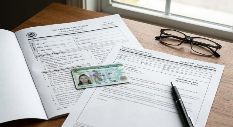Una imagen fotorrealista de una solicitud N-400, una tarjeta de residente permanente (formulario I-551) y un aviso de cita para la entrevista (formulario I-797C) colocados sobre un escritorio, que representa el proceso de entrevista de ciudadanía.