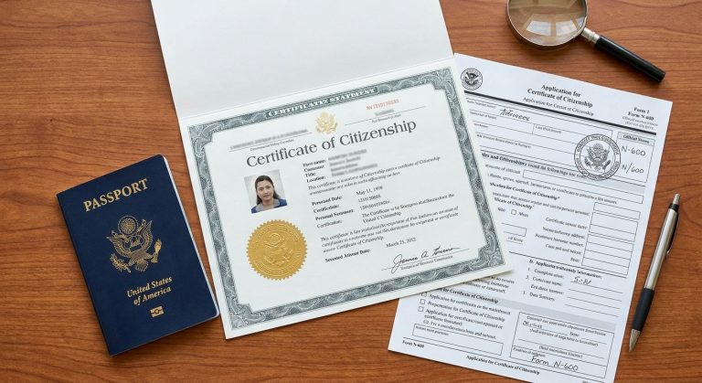 Una imagen fotorrealista de un certificado oficial de ciudadanía estadounidense mostrado con un pasaporte estadounidense y una solicitud N-600.