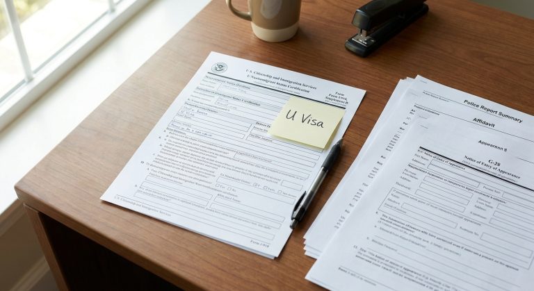 Una imagen fotorrealista del Formulario I-918, Suplemento B, Certificación de utilidad, junto con documentos legales en un escritorio, que simboliza los requisitos de elegibilidad para la Visa U.