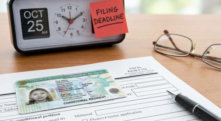 Una imagen fotorrealista de la solicitud del Formulario I-751 y una tarjeta verde condicional vencida, que enfatiza el período crítico de 90 días para eliminar las condiciones para lograr el estatus de residente permanente.