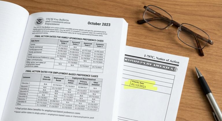 Una imagen fotorrealista que muestra un escritorio con el Boletín de Visas mensual oficial de USCIS y un documento que destaca una fecha de prioridad, lo que simboliza la acumulación de solicitudes de residencia pendientes.