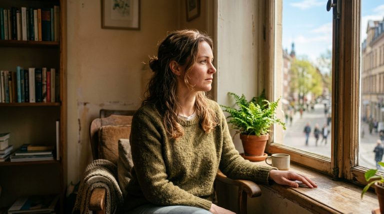 A photorealistic portrait of a resilient person looking toward a bright window with a hopeful expression, symbolizing an applicant for humanitarian status.