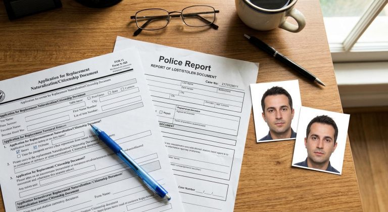 Un escritorio con dos fotografías idénticas estilo pasaporte y un informe policial necesario para reemplazar un certificado de naturalización perdido utilizando el formulario N-565.