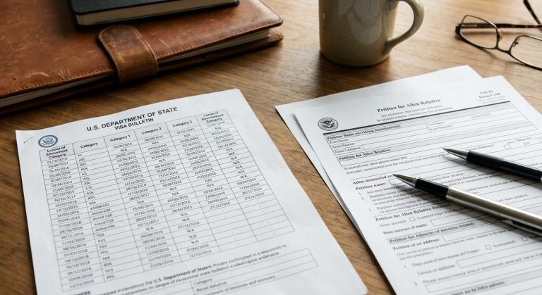 Una imagen fotorrealista de una petición I-130 impresa junto a un gráfico del Boletín de Visas, que ilustra los factores de espera involucrados en el tiempo de procesamiento de la visa f2a para residentes permanentes.