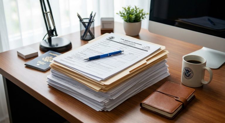 Una imagen fotorrealista de un formulario de solicitud N-400 encima de una pila de registros legales organizados, que simboliza la evaluación de la buena conducta moral de la ciudadanía.