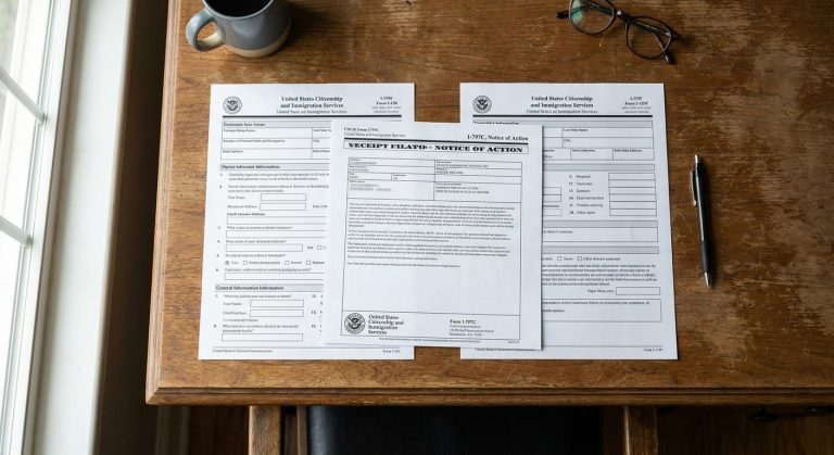 Una imagen fotorrealista de la documentación de los formularios I-130 e I-129F utilizados para determinar el tiempo de procesamiento de la visa k3 para un cónyuge que vive en el extranjero.