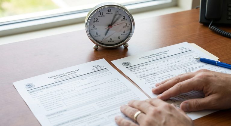 Una imagen fotorrealista de los documentos Formulario I-131 de permiso adelantado de viaje y Formulario I-485 de ajuste de estatus en un escritorio, que simboliza el tiempo variable de procesamiento del permiso adelantado de viaje para las solicitudes de tarjeta verde.