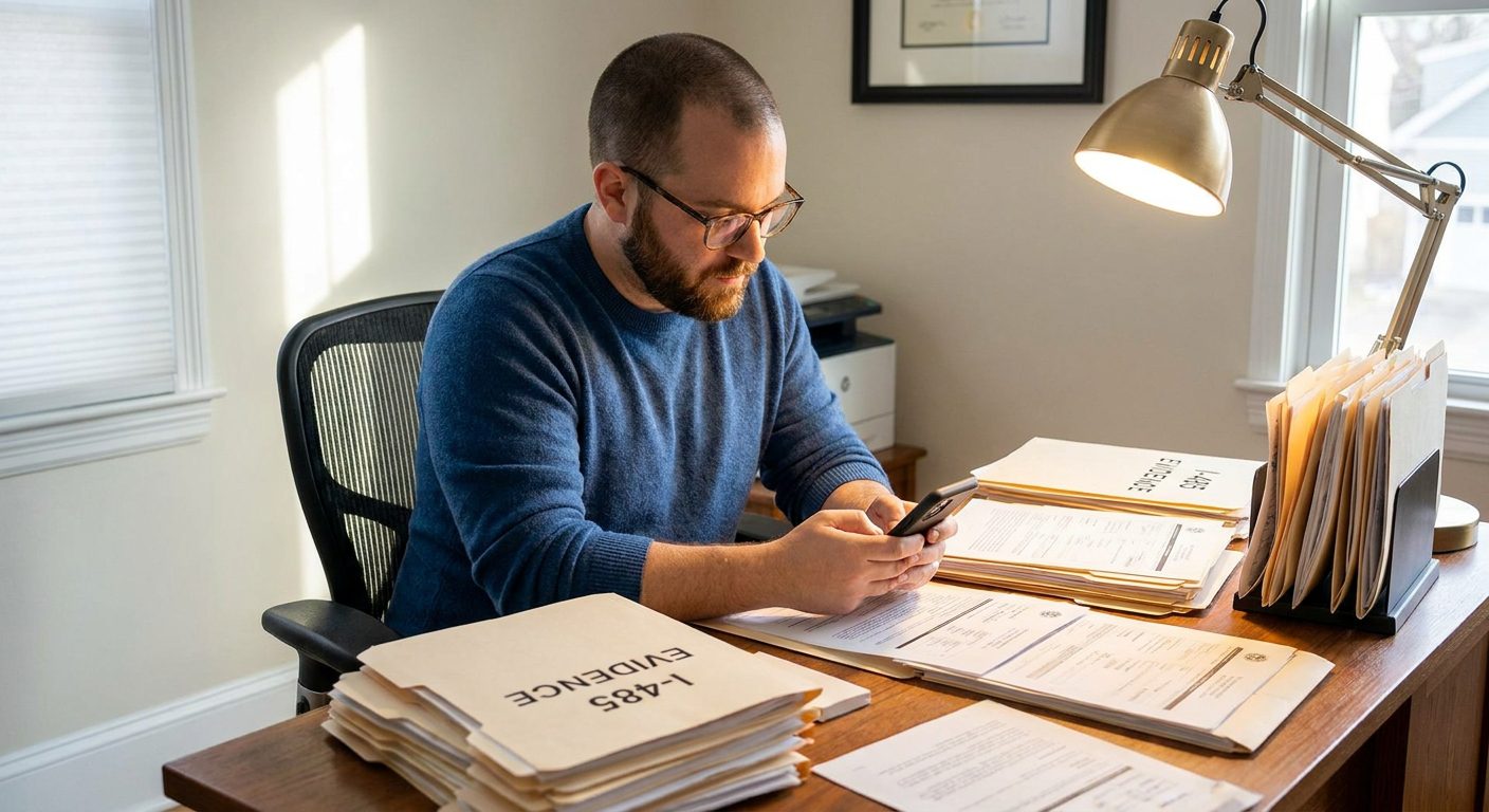 A person monitors their I-485 case status on a smartphone while surrounded by relationship evidence.