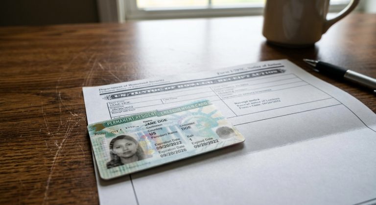 A photorealistic image of an expired permanent resident card resting on a USCIS Form I-797 receipt notice, illustrating the green card renewal processing time and the 36-month automatic extension.