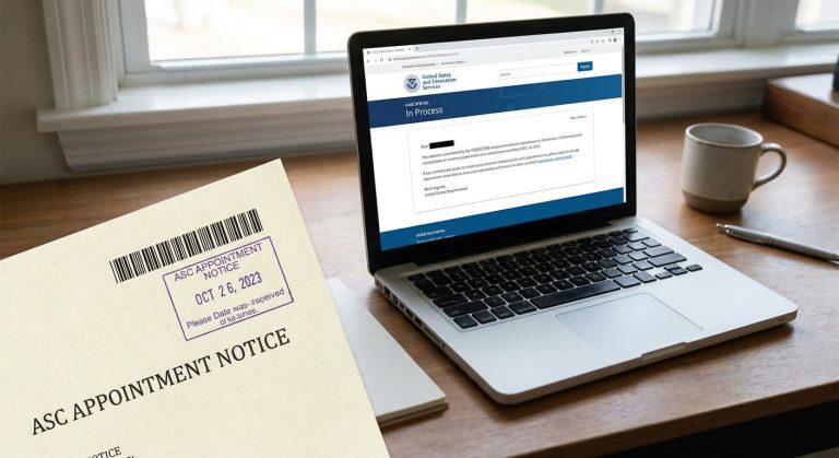 A stamped ASC appointment notice lies on a desk next to a laptop displaying the USCIS status page, showing the next steps after biometrics appointment what is next for immigration cases.