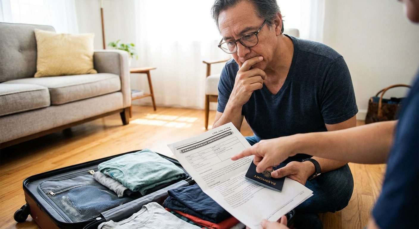 An original I-797 receipt notice held by a resident preparing for international air travel.