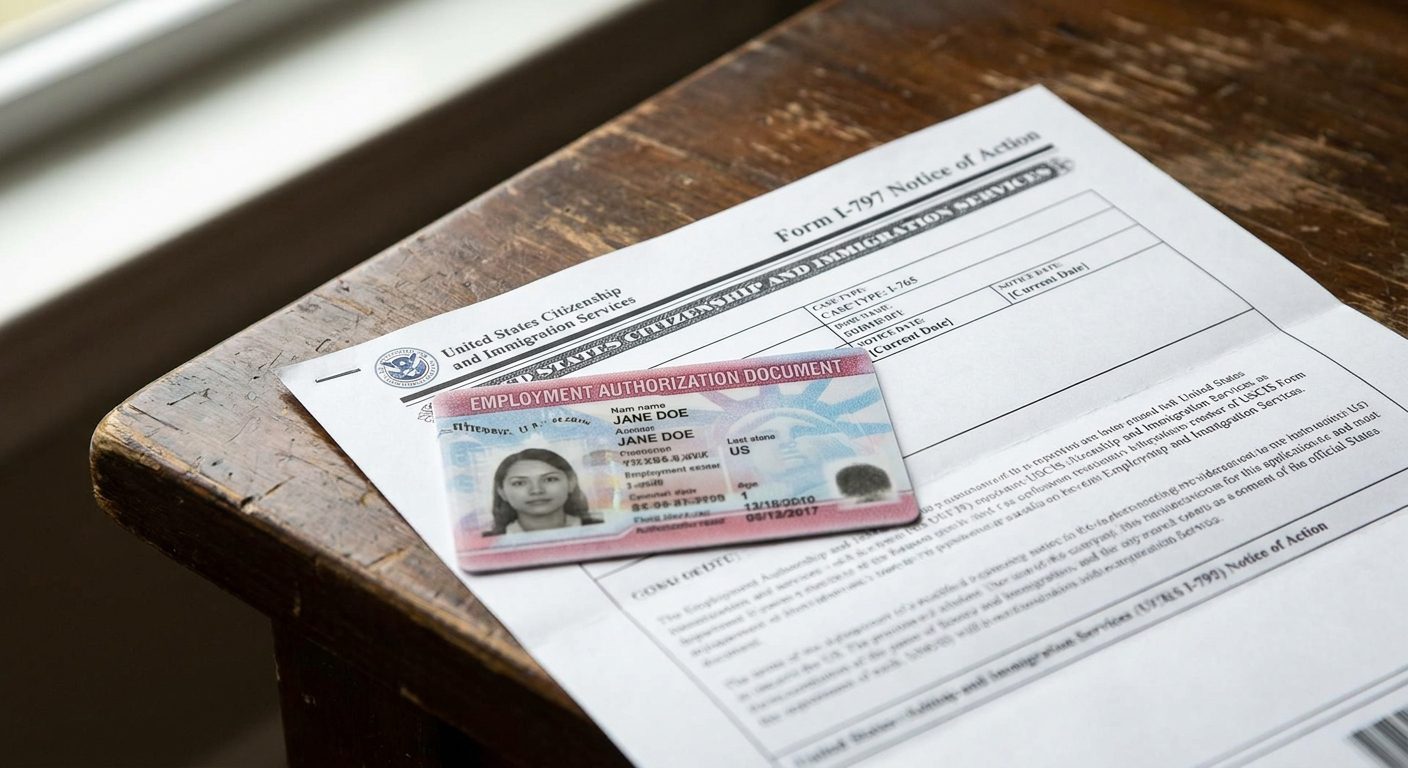 On a wooden table, a newly arrived I-765 EAD card sits atop a USCIS approval notice.