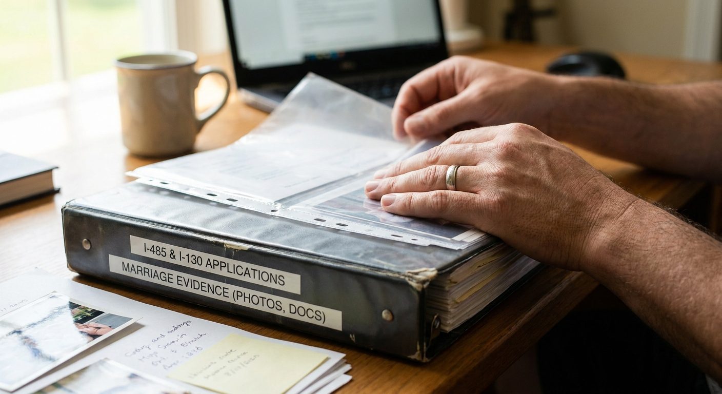 Organizing relationship evidence in an I-485 binder to support a potential USCIS interview waiver.