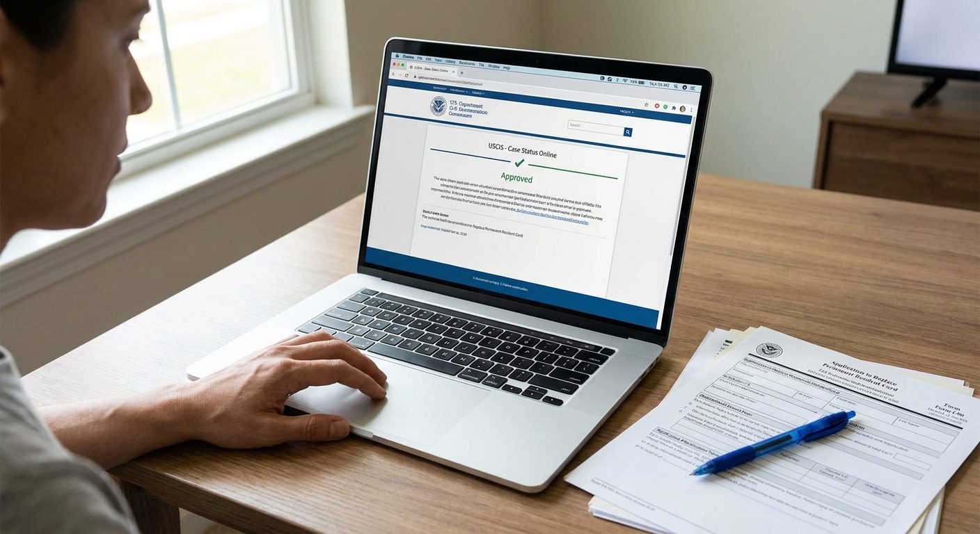 Reviewing the USCIS website case status for an actively reviewed Form I-90 renewal application.
