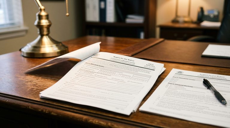 Los documentos relacionados con la corrección de la propuesta de tarifa de naturalización se encuentran en el escritorio de un abogado de inmigración, destacando las actualizaciones de la exención de tarifas administrativas.
