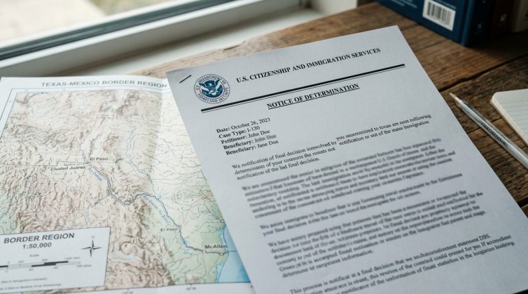 Un documento oficial que detalla la exención de la construcción de la barrera fronteriza en Big Bend se encuentra sobre un escritorio de madera junto a un mapa topográfico.
