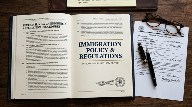 Un escritorio profesional con documentos oficiales y un manual de políticas abierto que representa la actualización de las pautas de representación de abogados.
