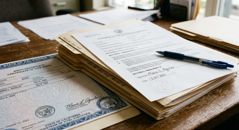Documentos y archivos oficiales en papel dispuestos en un escritorio de madera durante el período de comentarios del formulario G-884 de USCIS.