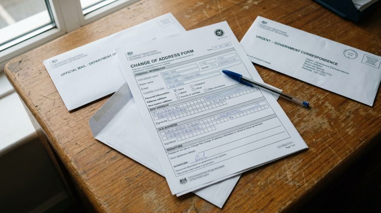 Un documento oficial de cambio de dirección sobre un escritorio, que ilustra las discusiones en torno a la propuesta del formulario AR-11 de USCIS.