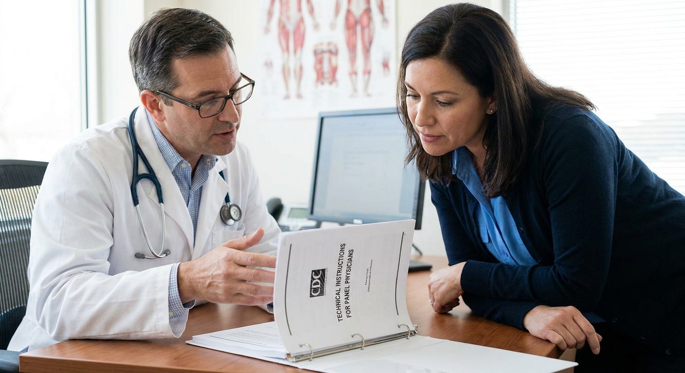 Cirujano civil discutiendo los requisitos del examen médico del formulario I-693 con un solicitante de inmigración.
