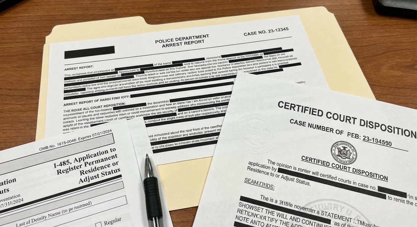 Una imagen fotorrealista de un escritorio con los documentos de solicitud del formulario I-485 y una disposición judicial certificada utilizada para una tarjeta verde con revisión de solicitud de DUI.