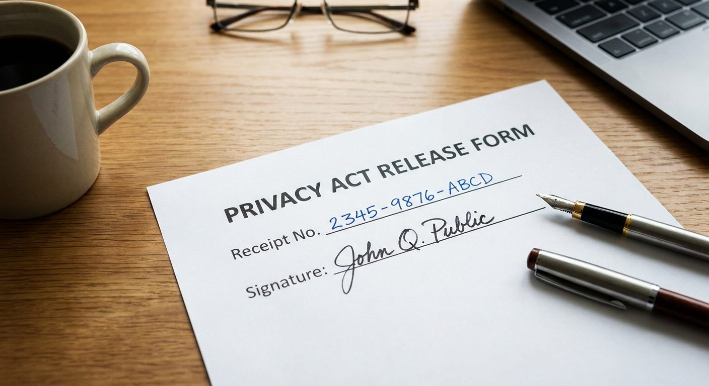 A photorealistic image of a signed Privacy Act release form sitting next to a USCIS receipt notice, initiating a congressional inquiry uscis to resolve a delayed immigration case.