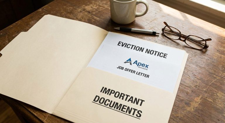 Una imagen fotorrealista de una carpeta organizada que contiene un aviso de desalojo y una carta de oferta de trabajo, preparada como evidencia para una solicitud acelerada de USCIS debido a una pérdida financiera.