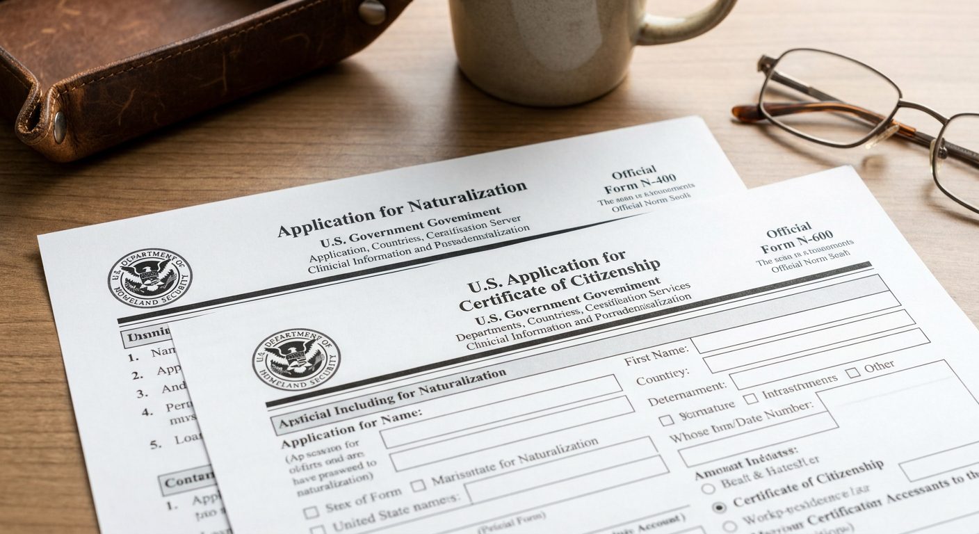 A photorealistic image of Form N-400 and Form N-600 side-by-side to illustrate the certificate of naturalization vs certificate of citizenship distinction for U.S. immigration purposes.