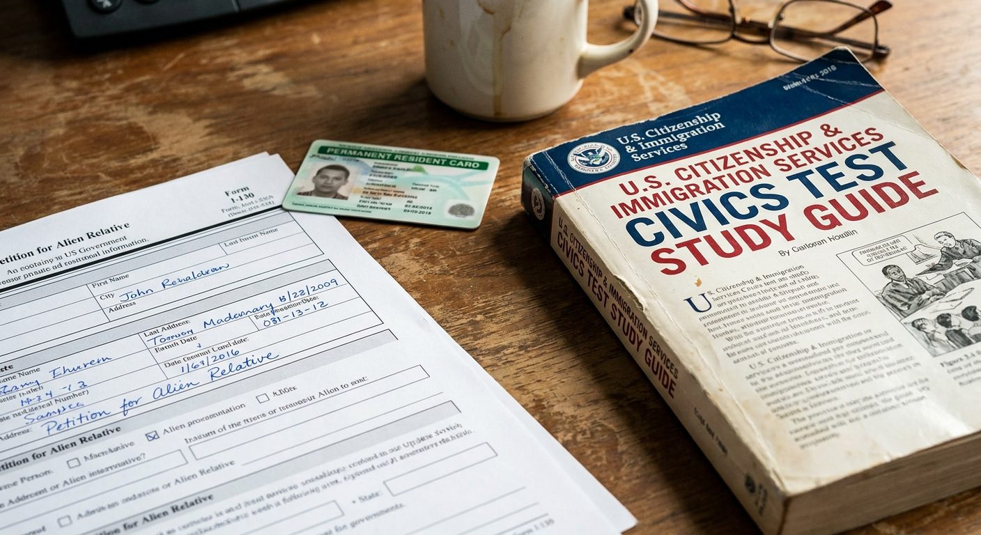 A photorealistic image showing Form I-130 and a green card to explain why can a green card holder petition parents only after they successfully naturalize as U.S. citizens.