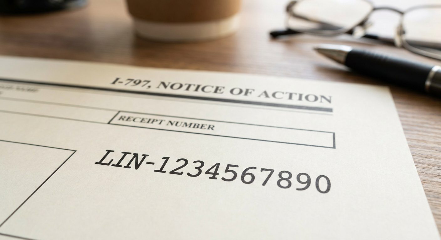 Un documento de aviso de acción I-797 que descansa sobre un escritorio, que muestra el número de recibo específico y los campos de fecha de prioridad utilizados para rastrear el estado de un caso de inmigración de USCIS en línea.