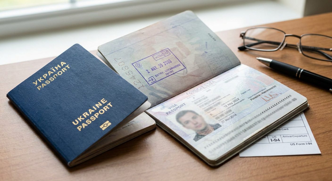 Primer plano de un sello oficial morado I-551 y el formulario I-94 dentro de una libreta de pasaporte extranjero, que proporciona una prueba legal temporal del estatus de residente permanente.