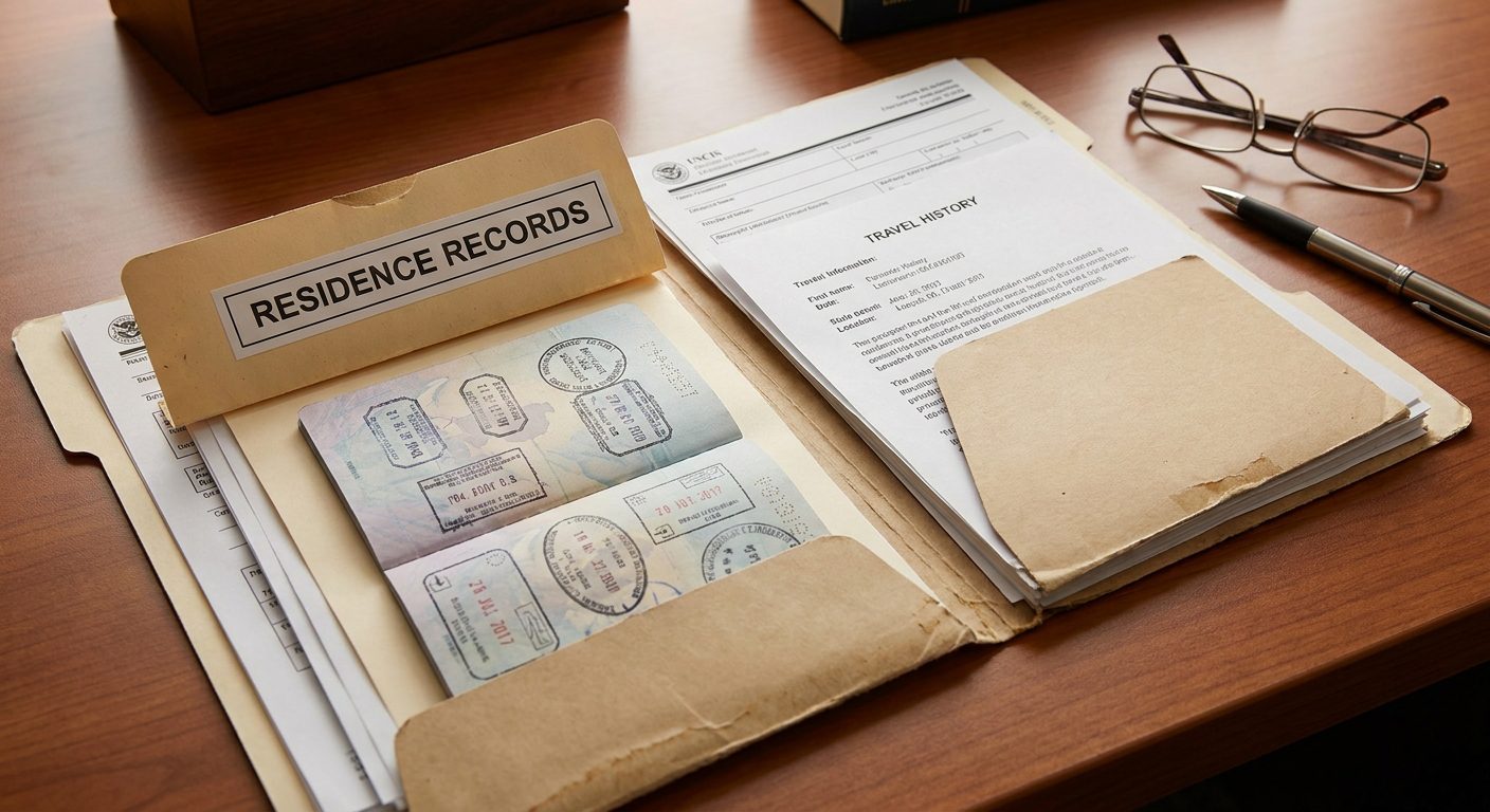 Registros de residencia e historial de viajes preparados para una revisión de elegibilidad para la naturalización.