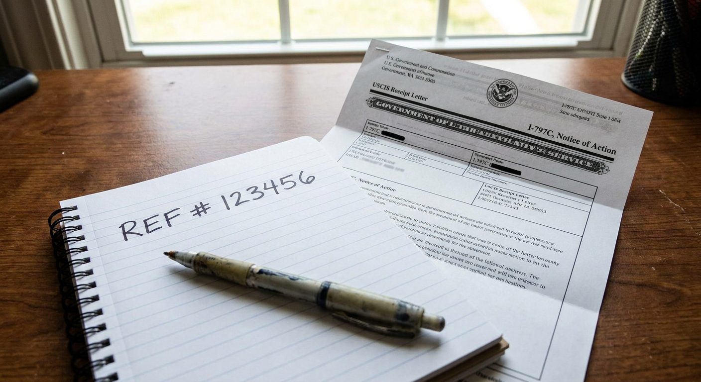 A pending case receipt notice on a desk, used to check a USCIS case status online.