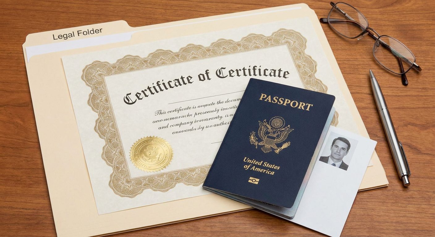 Certificado de ciudadanía junto a una solicitud de pasaporte estadounidense como evidencia para una solicitud de pasaporte.