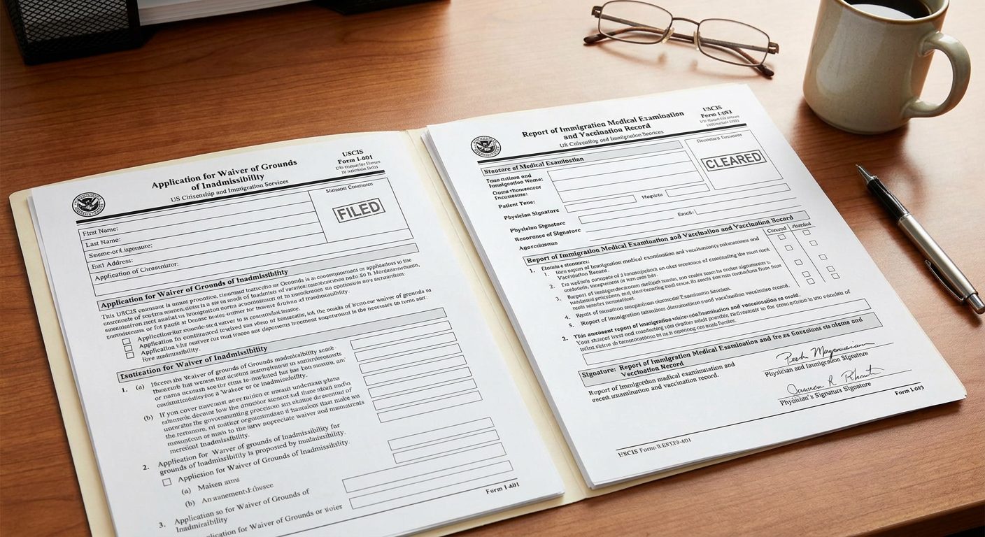 Documentos de casos de inmigración sobre una posible exención y autorización médica, sin un resultado garantizado.