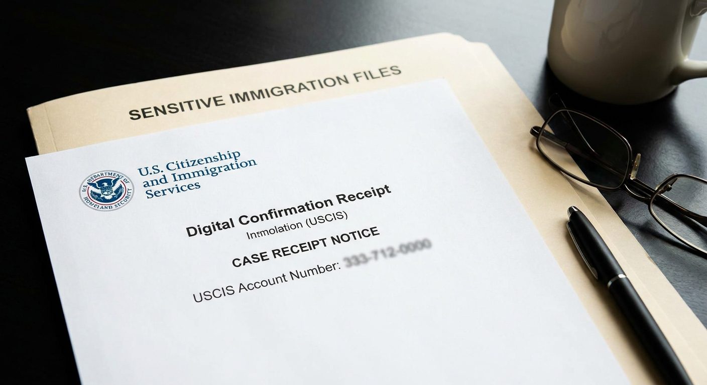 En un escritorio, el recibo de confirmación digital oficial que demuestra una actualización residencial exitosa para los registros de USCIS.